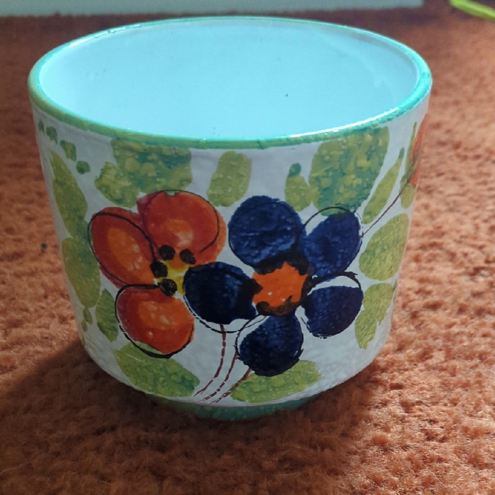Floral Ceramic Pot with Green and Blue Accents